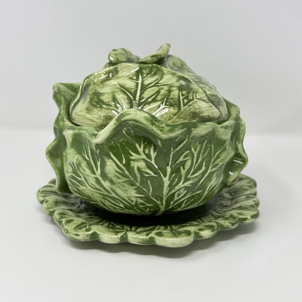 Holland Mold Green Cabbage Leaf Covered Bowl Underplate Ceramic Vintage